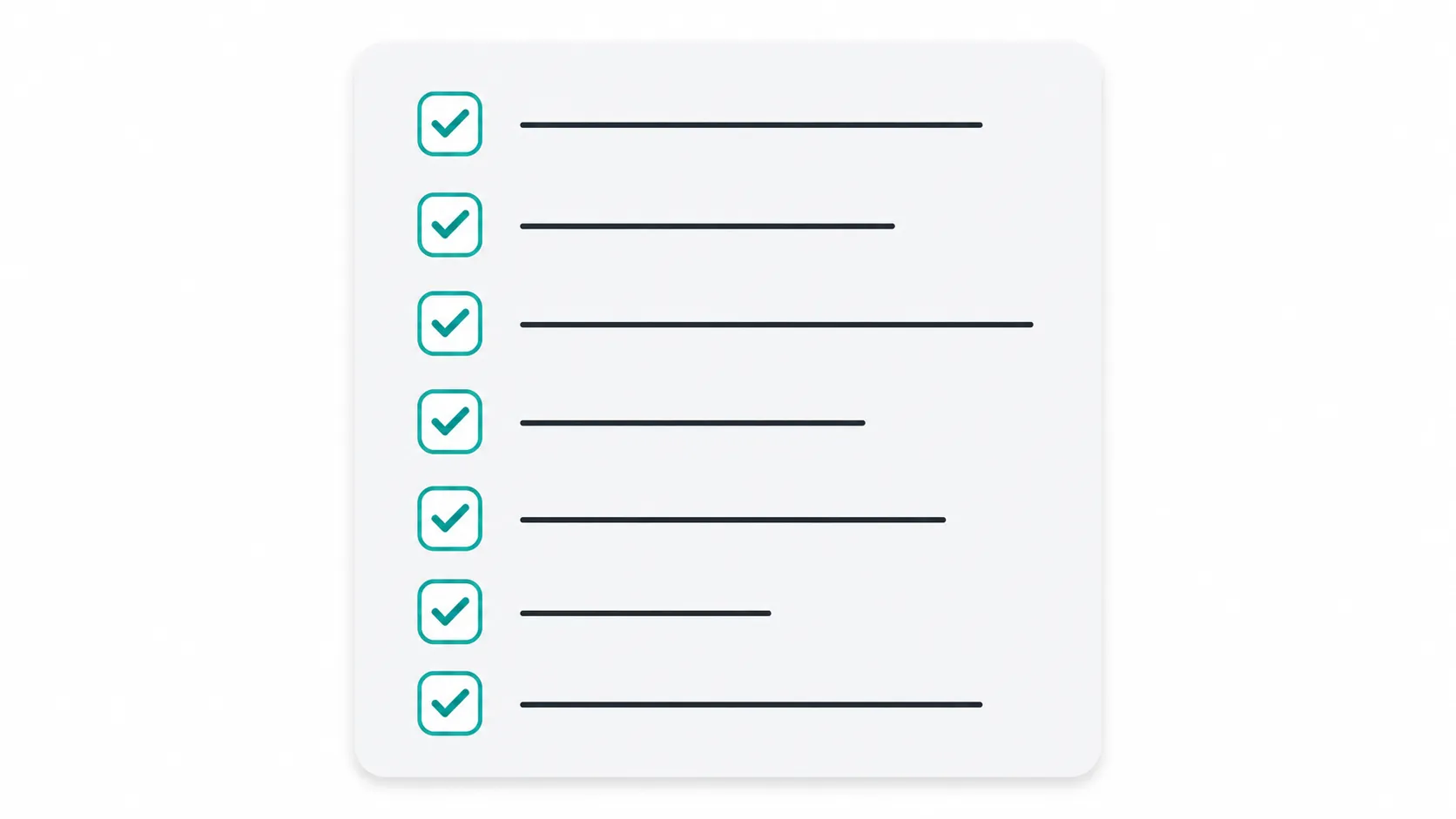Seven teal checkboxes in a clean vertical list representing a domain name quality checklist
