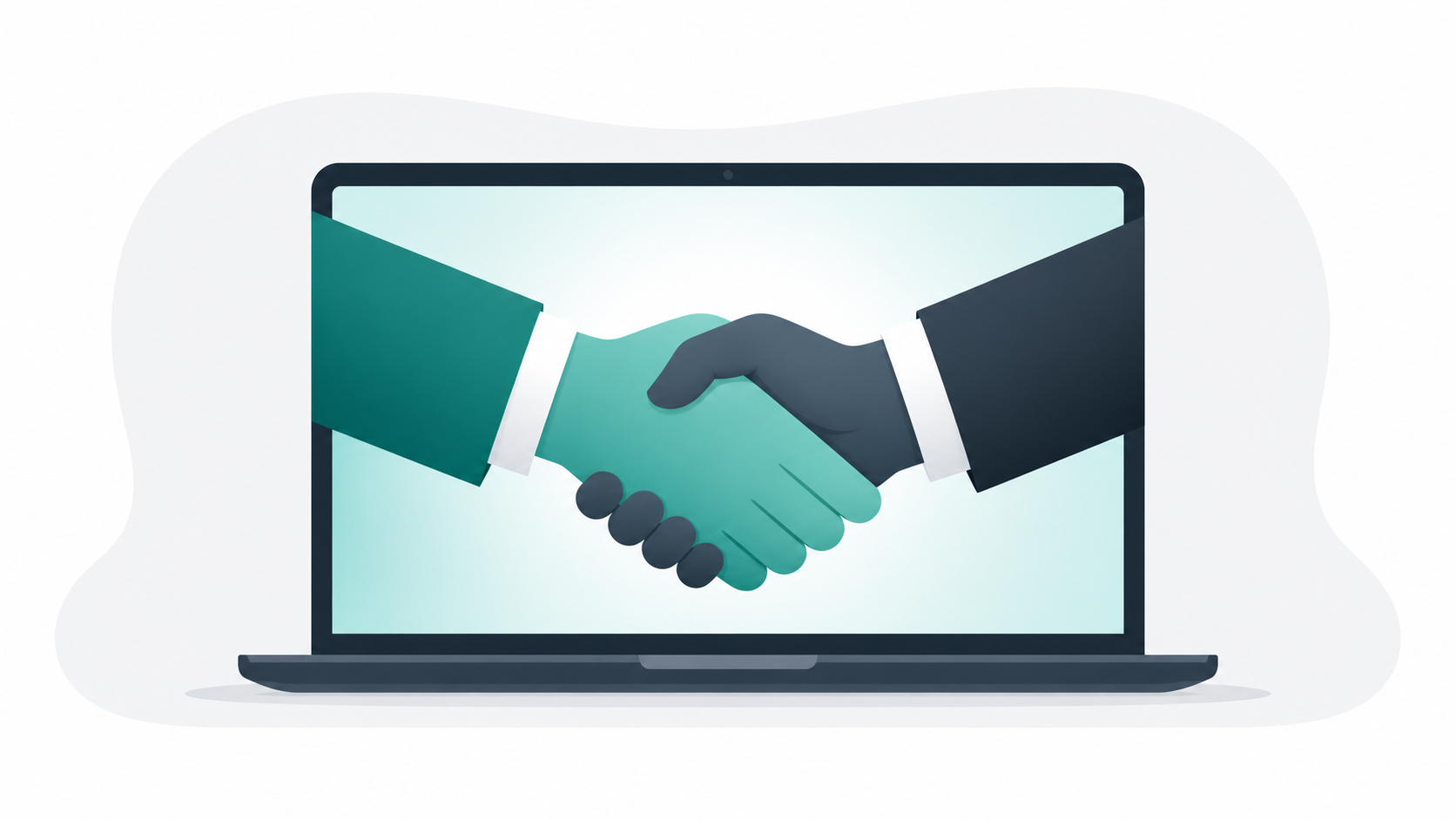 Two hands shaking across a laptop representing domain name negotiation between a buyer and a cybersquatter