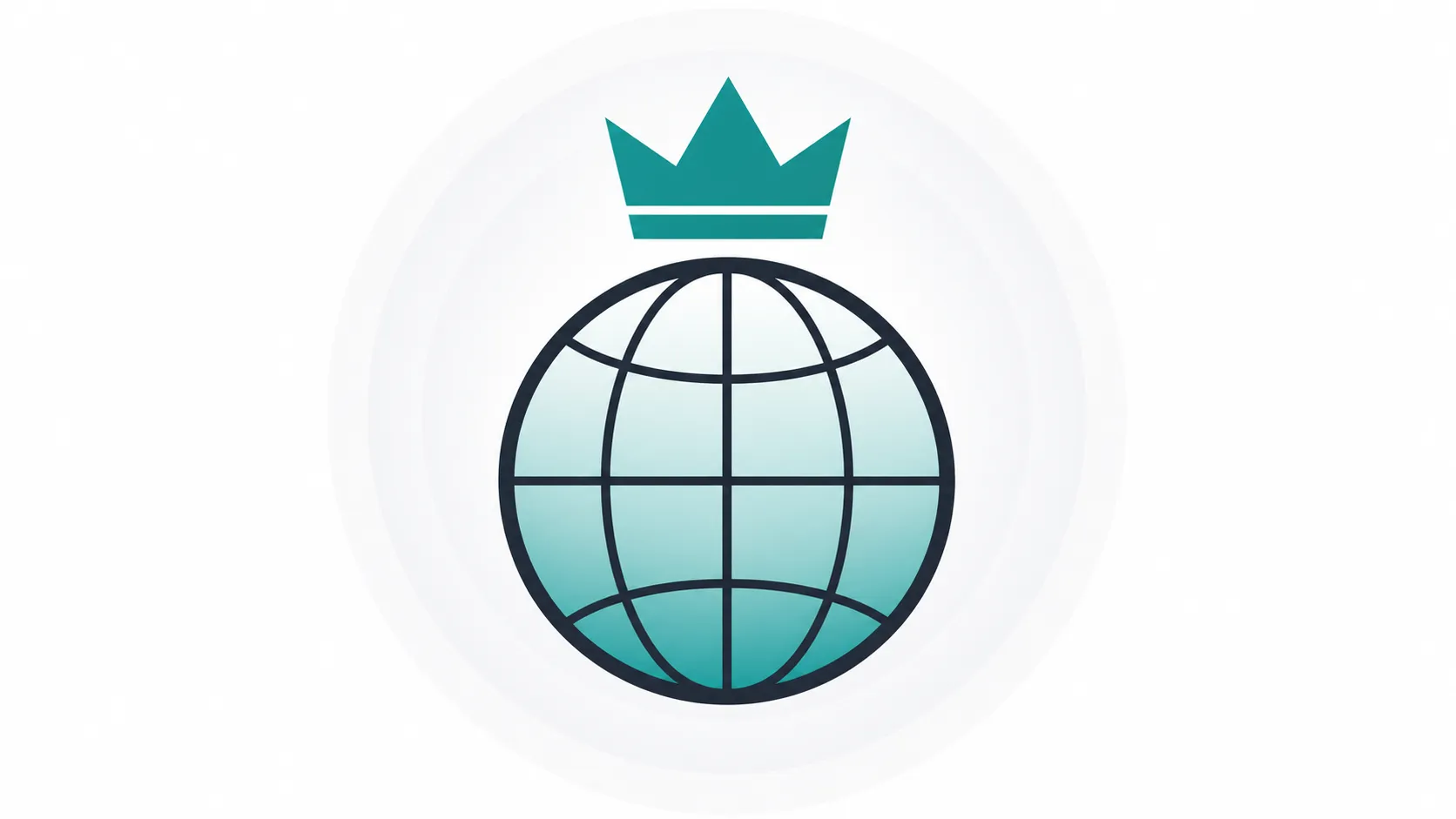 Illustration of a single domain globe icon with a crown above it on a clean white background representing .com authority